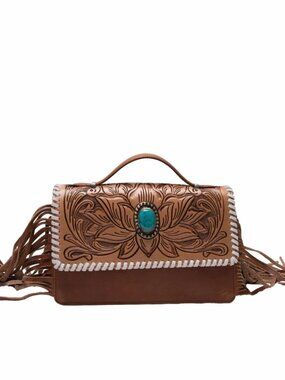 Loyal West Saddle Luxe Tooled Leather Fringe Western Rodeo Turquoise Handbag